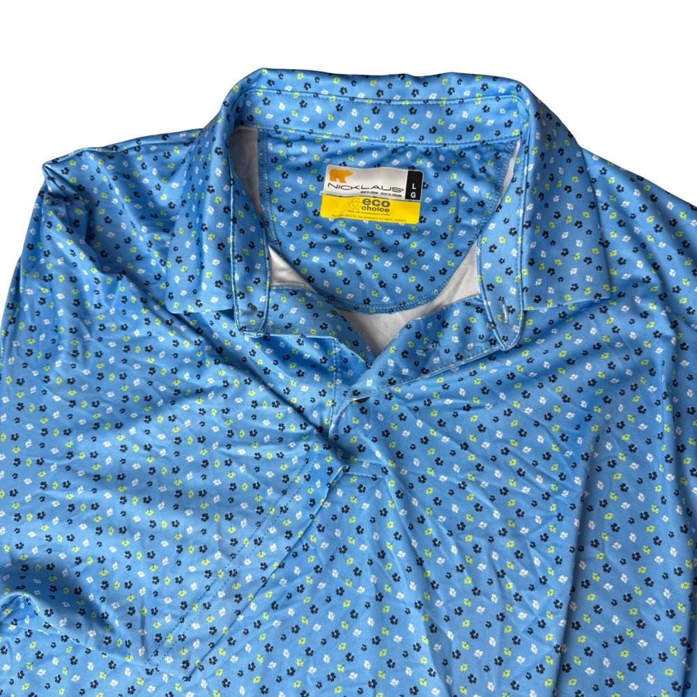 Nicklaus Golf‎ Polo Mens L Blue Floral Eco Choice Performance Shirt Short Sleeve